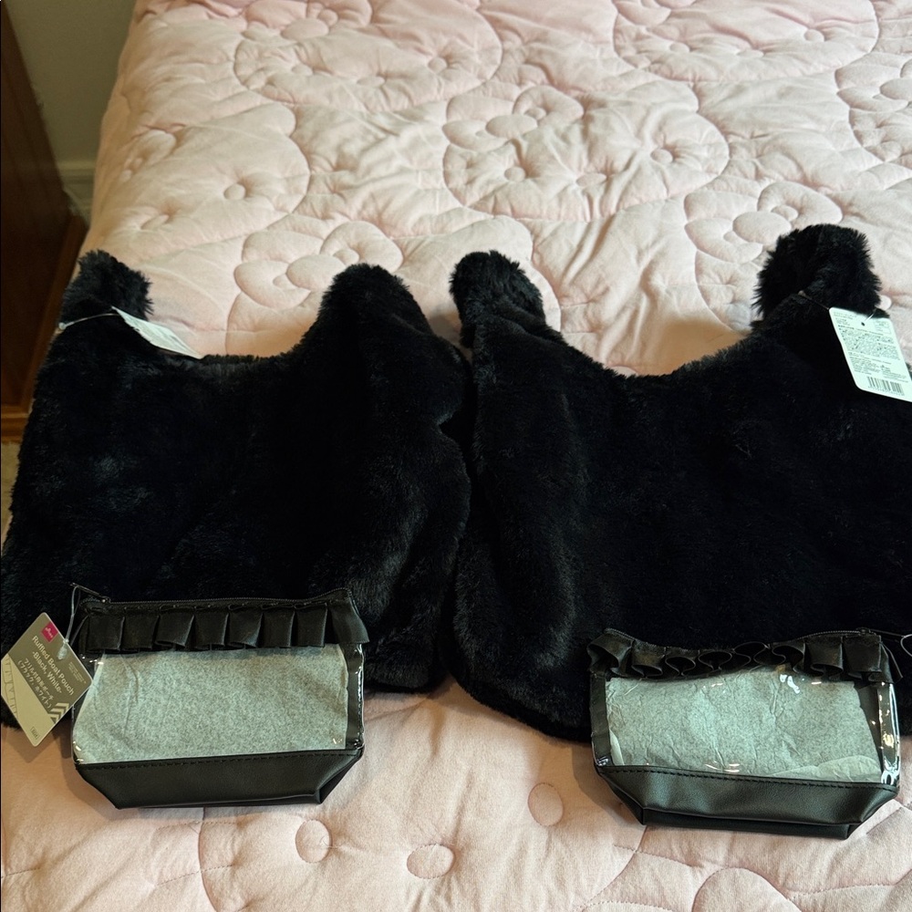 Daiso Black Faux Fur Mini Bag with Ruffle Trim AND Black Ruffled Boat Pouch